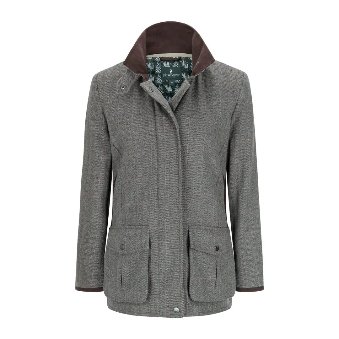 Gray tweed Jessica Tweed Field Coat with brown collar and pockets for stylish outdoor adventures