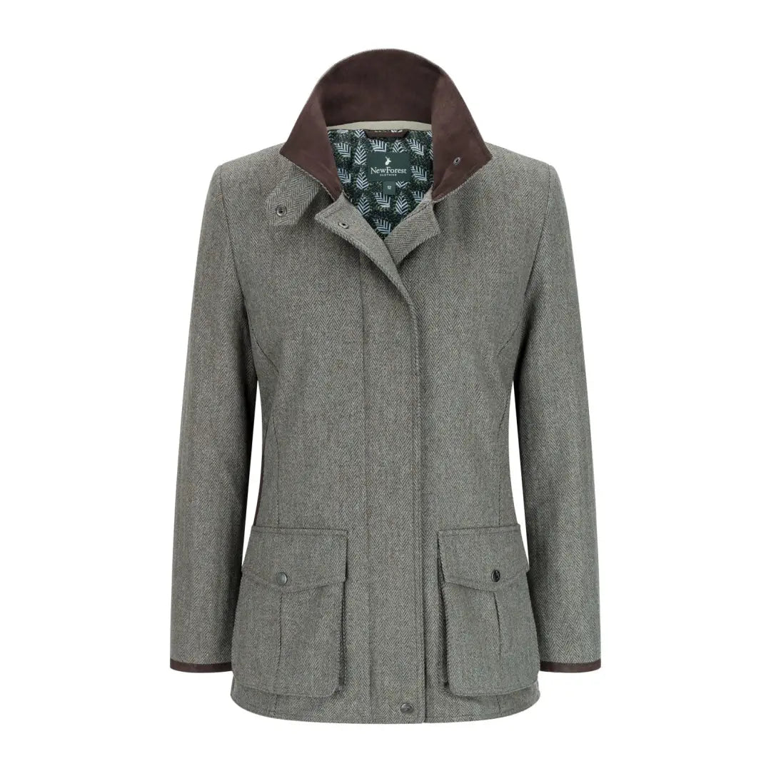 Gray Tweed Field Coat with brown collar and pockets for stylish outdoor wear