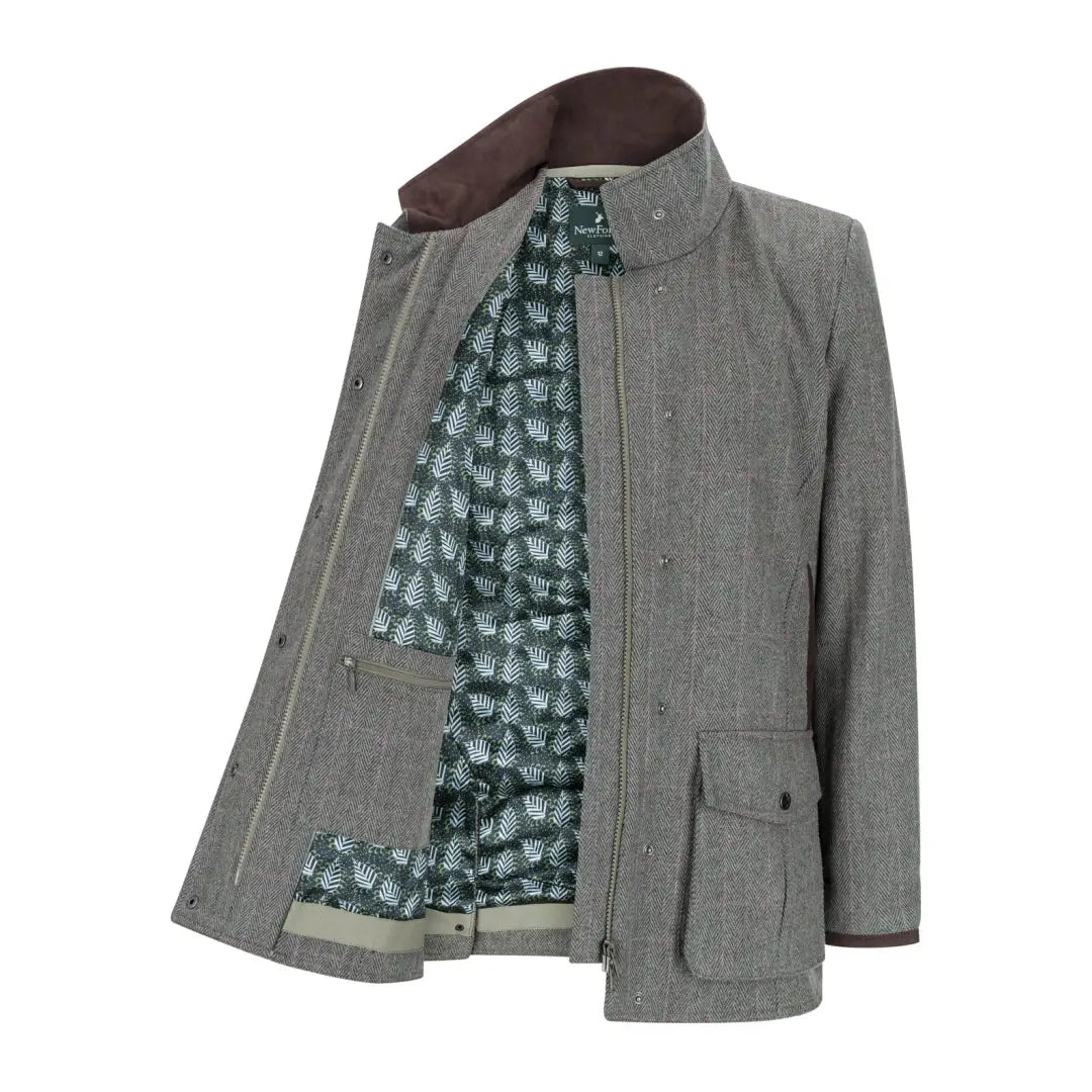 Gray tweed field coat with brown collar and patterned lining from New Forest Jessica Tweed