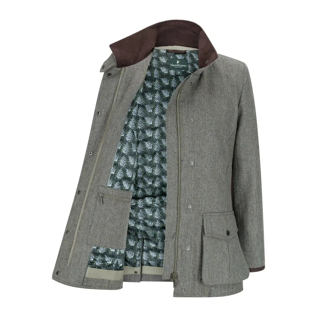 Stylish Gray Tweed Field Coat with brown collar and patterned lining in New Forest Jessica design