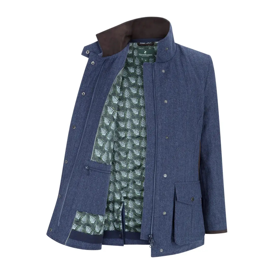 Navy blue New Forest Jessica Tweed Field Coat with green lining and brown collar