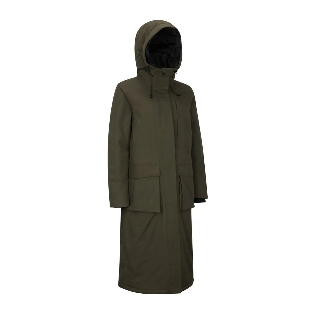 Long olive green hooded coat with pockets, perfect for any Forest Ladies Arctic look