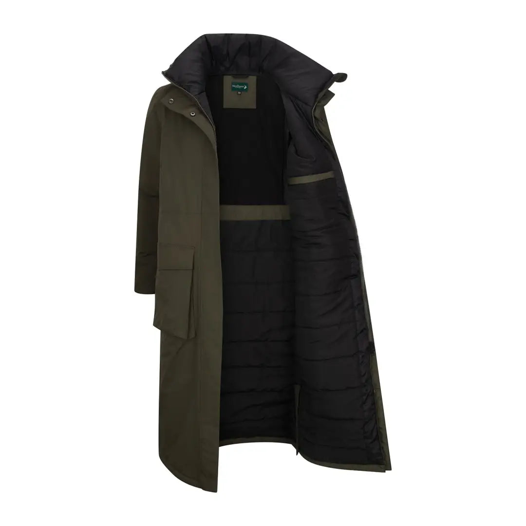 Long olive green coat with black lining, perfect for the Forest Ladies Arctic look