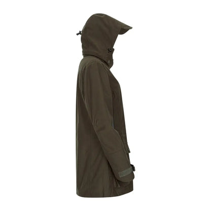 Hooded olive green New Forest Ladies Country Sport Jacket with a long silhouette