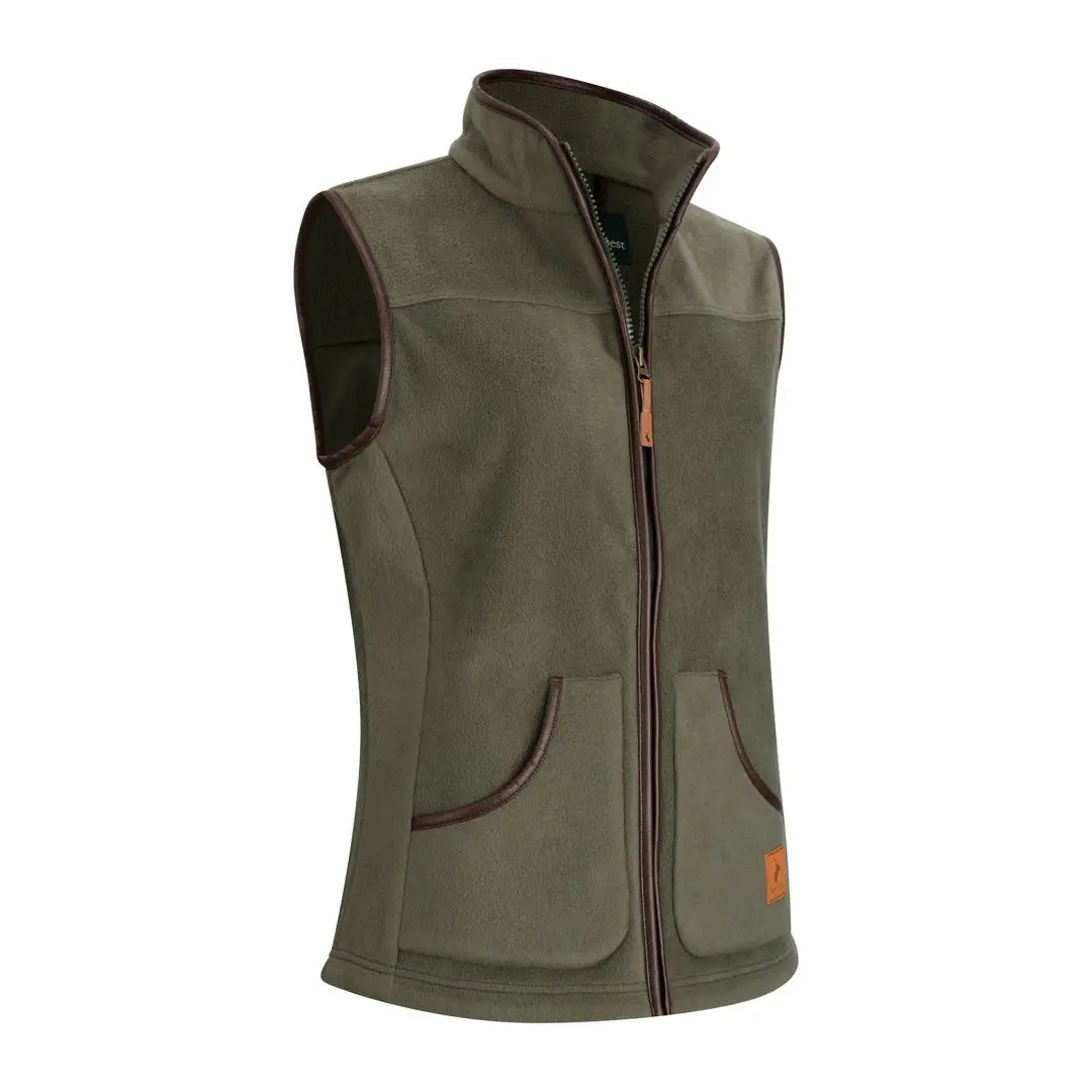 Olive green sleeveless ladies fleece gilet with full-length zipper and front pockets