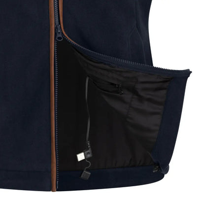 Close-up of a navy blue heated fleece gilet with an open zipper and inner pocket