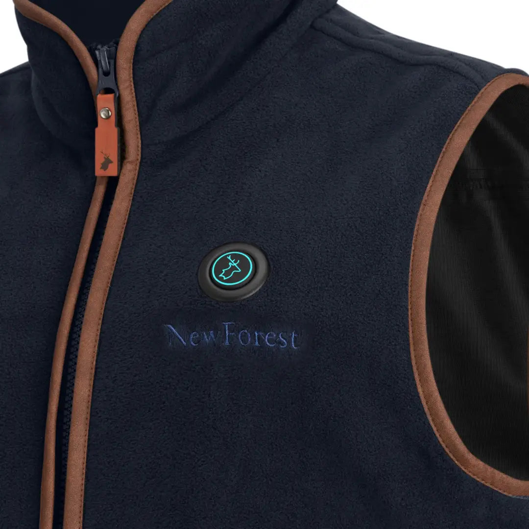 Navy blue heated fleece gilet with brown trim and New Forest logo for ladies