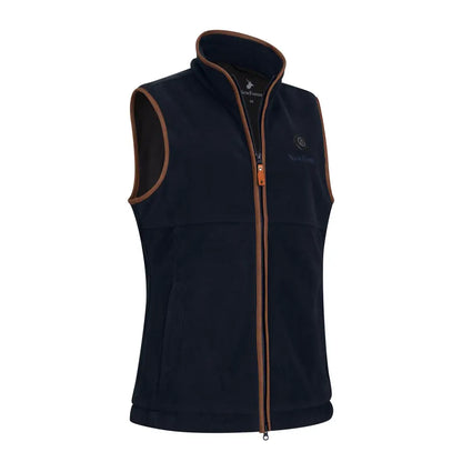 Navy blue heated fleece gilet with brown trim and full-length zipper for ladies