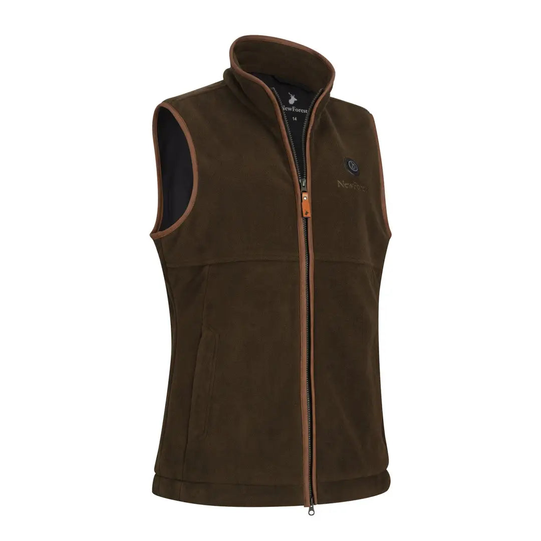 Dark brown fleece gilet with full-length zipper and stand-up collar, perfect for warmth