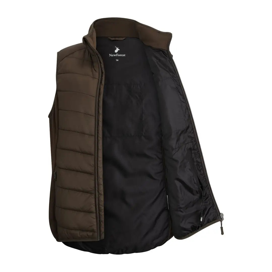 Brown quilted New Forest Ladies Heated Gilet with black lining and zip closure