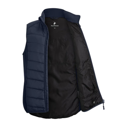 Navy blue quilted vest with black lining, New Forest Ladies Heated Gilet, partially unzipped