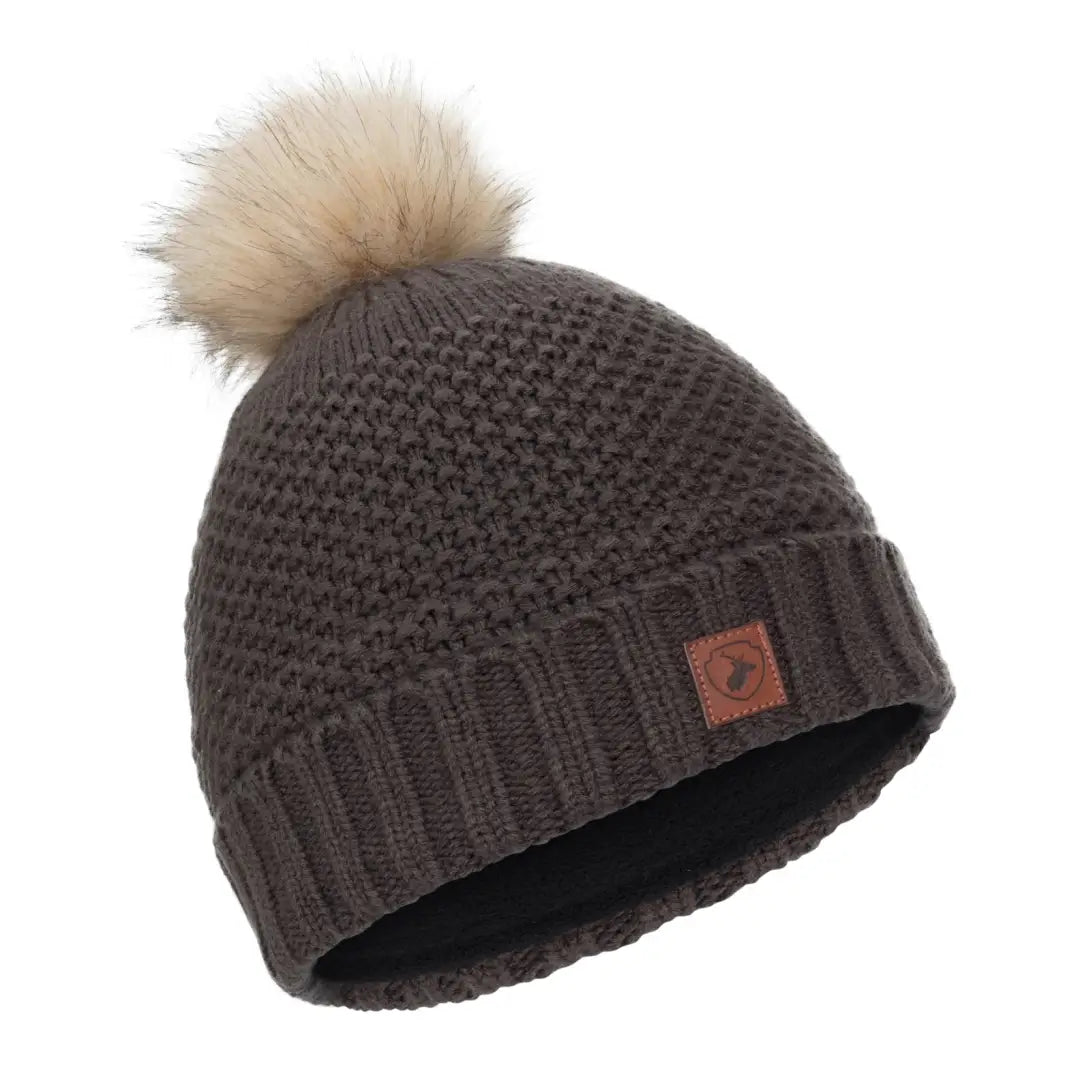 Dark gray ladies knitted hat with a cute light pompom on top for winter style