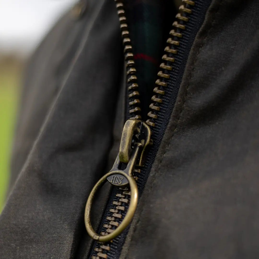 Metal zipper with brass pull on New Forest Ladies Wax Jacket for country clothing and hunting