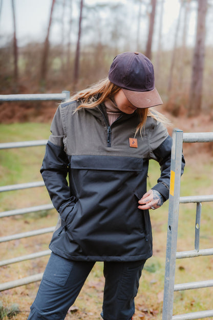 Woman rocking a two-tone Forest Nightjar Smock for stylish outdoor adventures