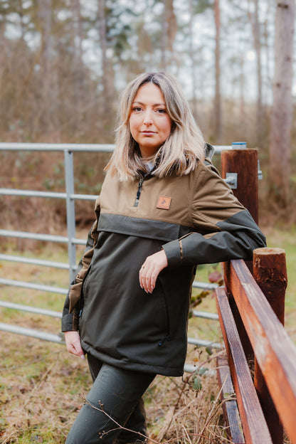 Woman rocking a two-tone Forest Nightjar Smock for stylish outdoor adventures