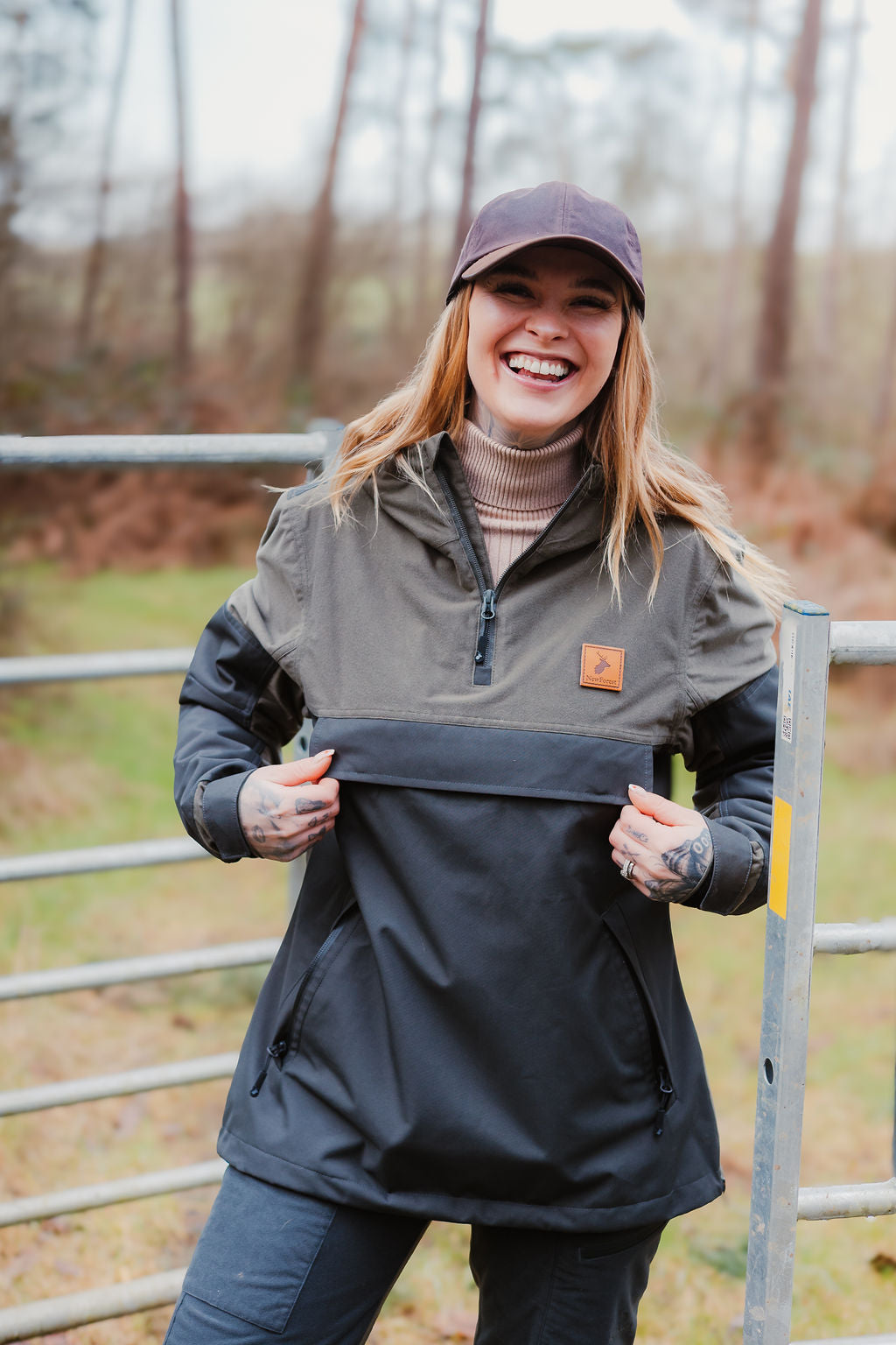 Woman rocking a two-tone Forest Nightjar Smock for stylish outdoor adventures