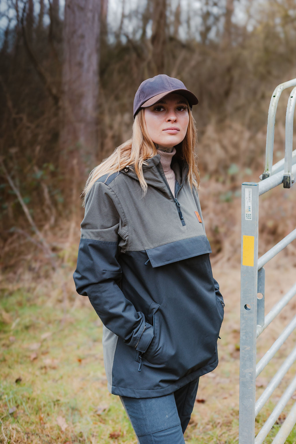 Two-tone hooded anorak showcasing the New Forest Ladies Nightjar Smock in action