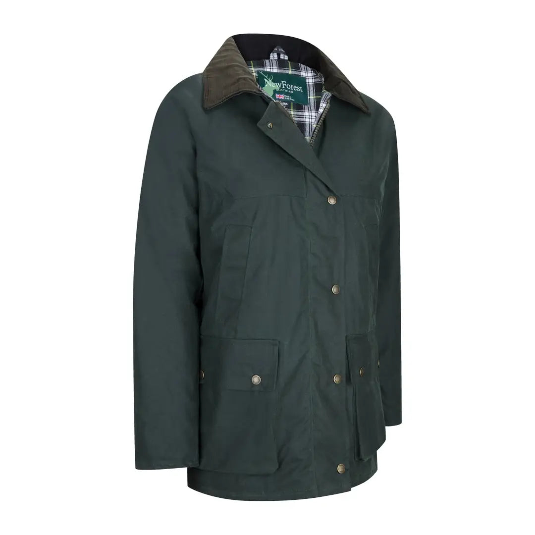 Dark green padded wax jacket with corduroy collar and plaid lining for stylish warmth