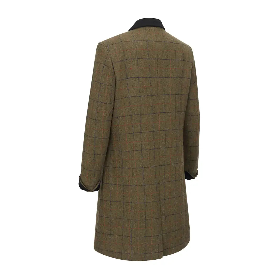 Stylish Long Olive Green Forest Lizzie Tweed Coat with Checkered Pattern and Dark Collar