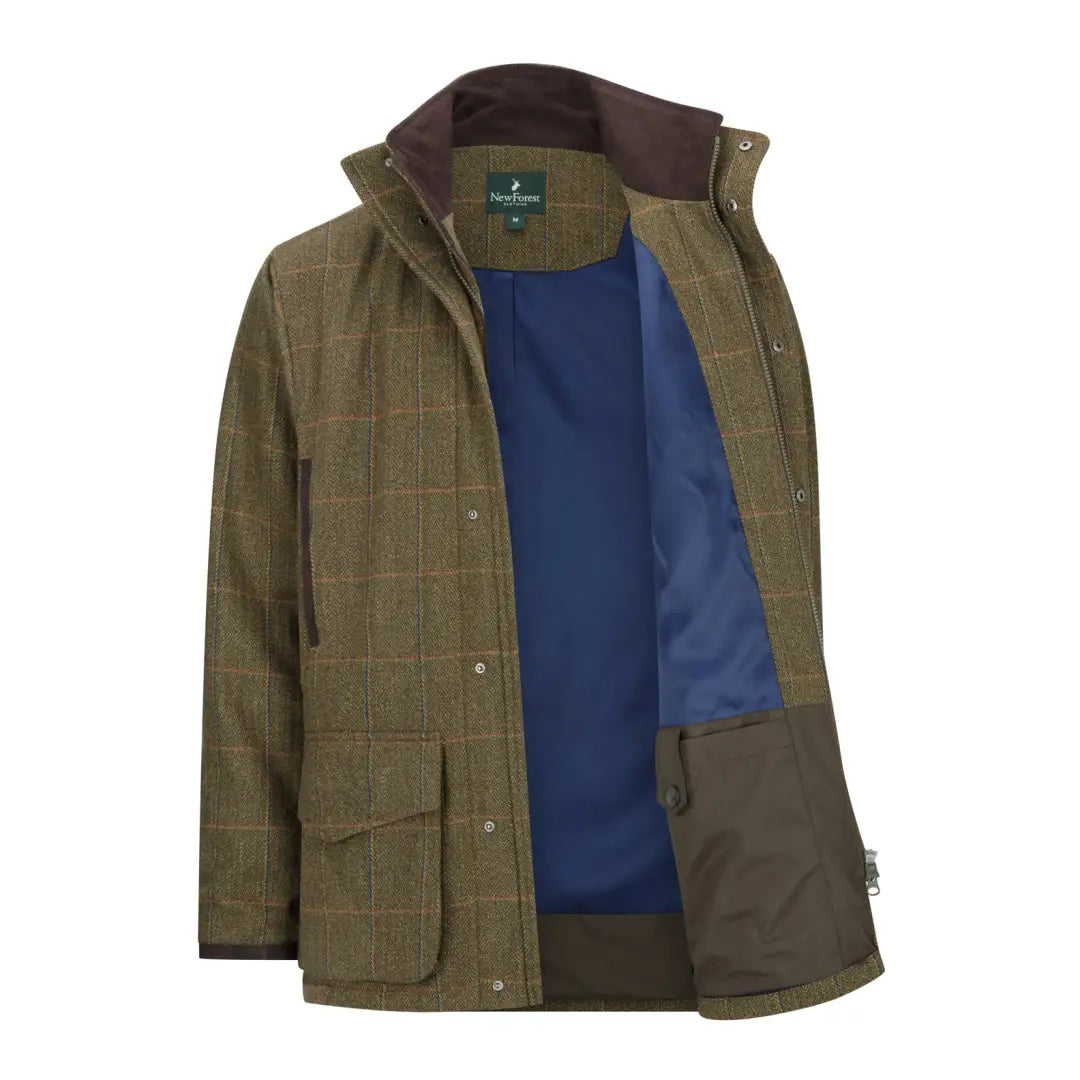 Olive green quilted hunting jacket with blue lining, perfect for the Forest Maverick waterproof look