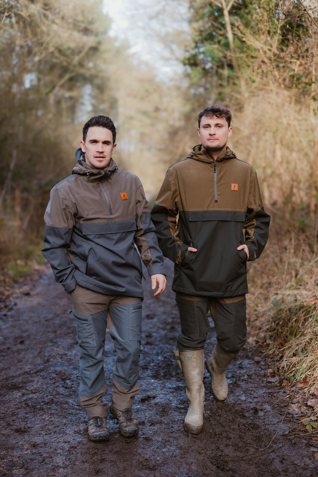 Two men rocking matching Forest Nightjar Smocks in the great outdoors