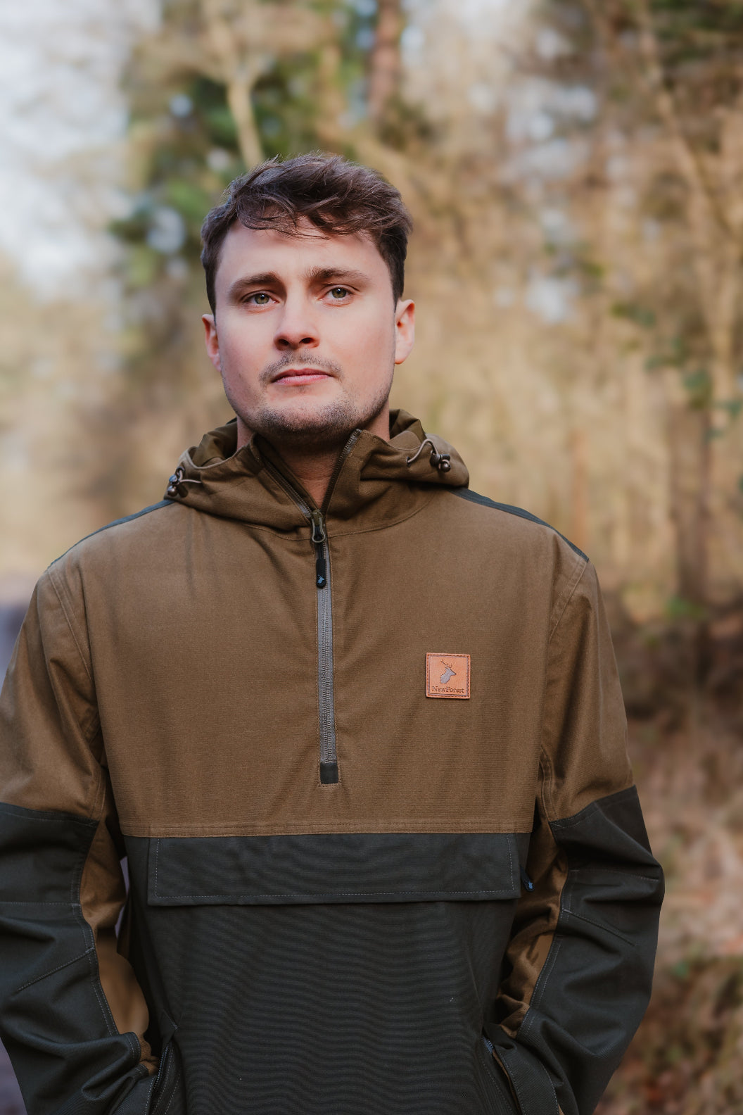 Two-tone hooded anorak in the New Forest Nightjar Smock style for outdoor adventures