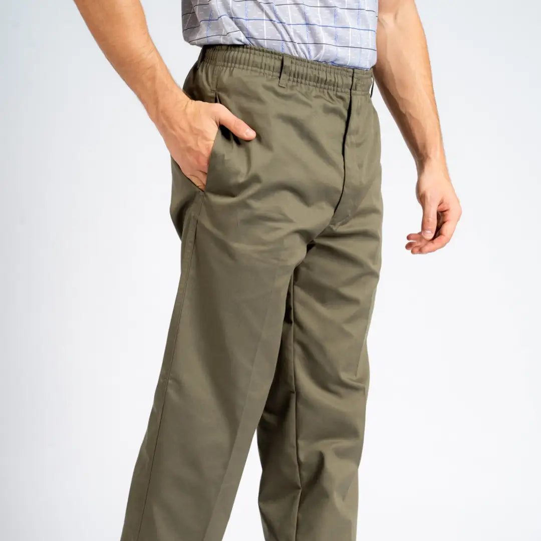 Olive green casual rugby trousers with elastic waistband and side pockets for plus size