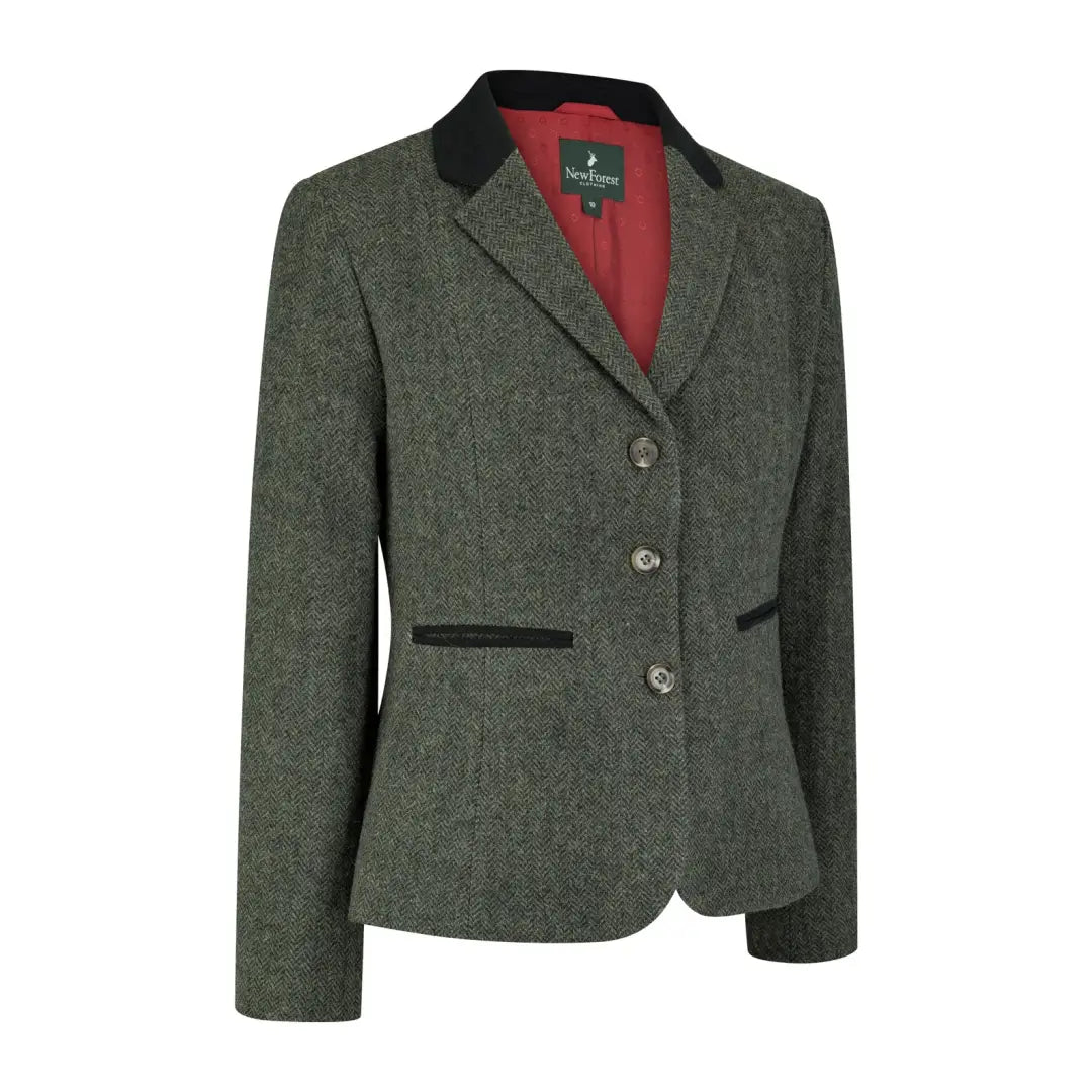 Green tweed blazer with black velvet collar, stylish detail for the Polly Tweed Blazer