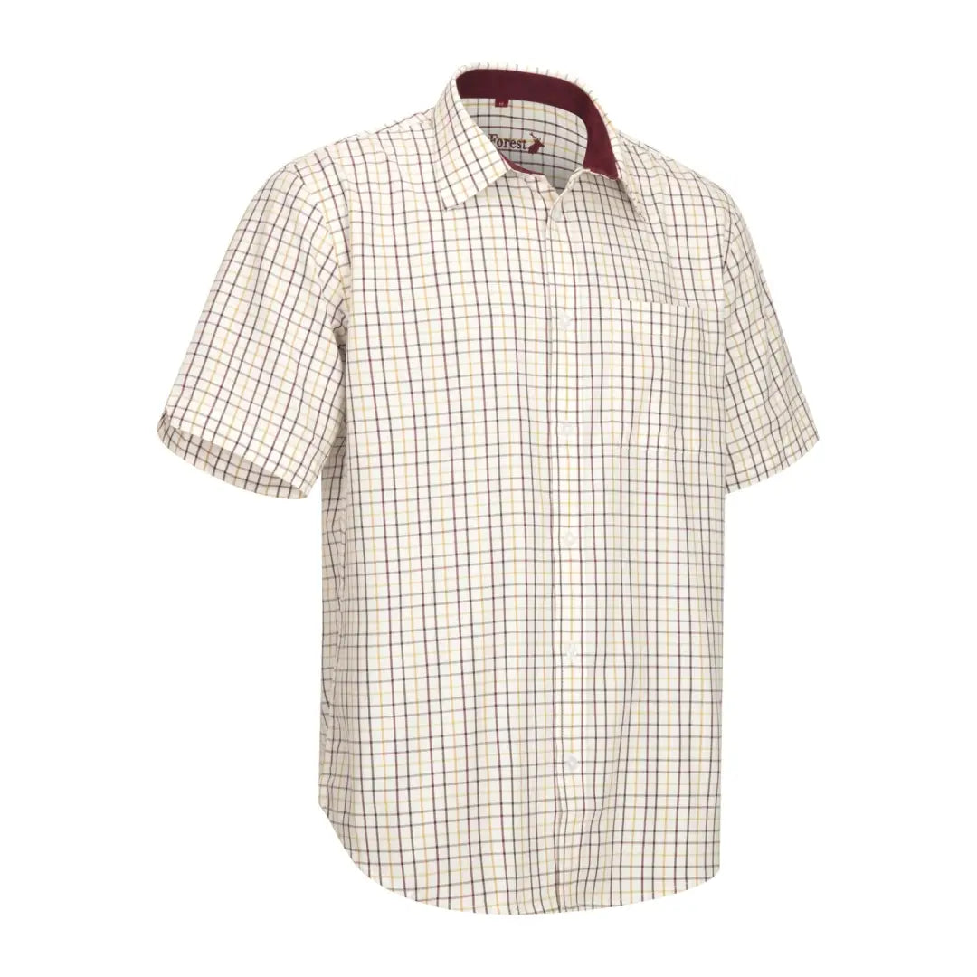 Short sleeve shirt with checkered pattern and burgundy collar from New Forest Premium