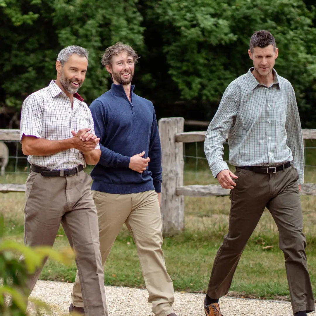 Three men outdoors rocking New Forest Premium short sleeve shirts together