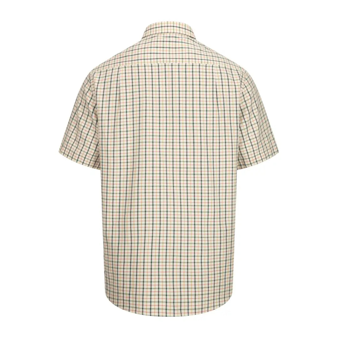 Short sleeve checkered button-up shirt in beige, brown, and red for forest clothing lovers