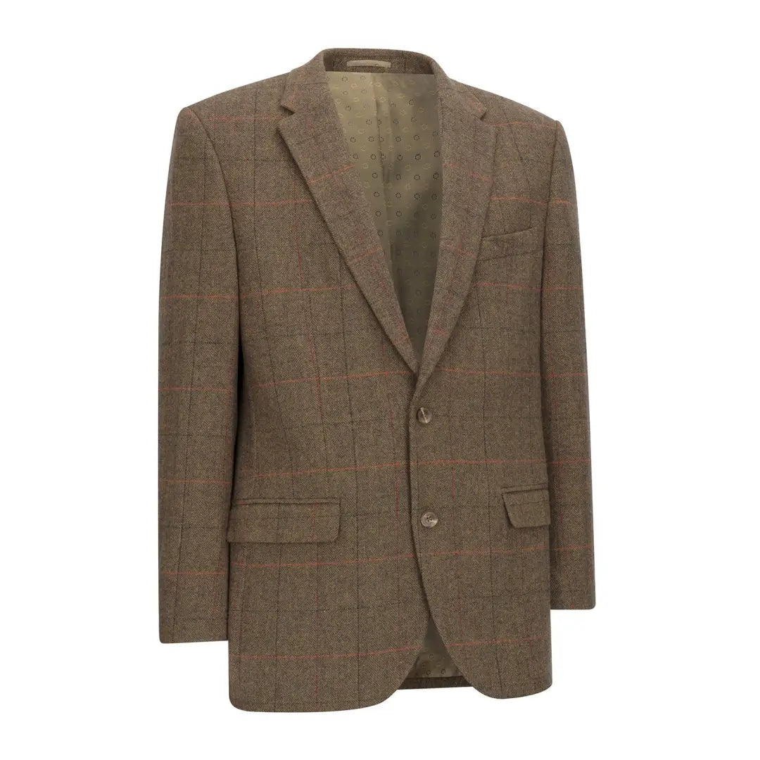 Brown tweed blazer with windowpane pattern made from premium wool tweed fabric