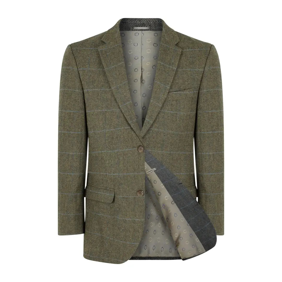 Olive green wool tweed blazer with subtle pattern and single button closure