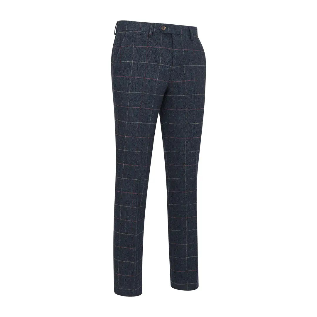 Dark blue plaid wool tweed trousers with a cool windowpane pattern from New Forest Premium