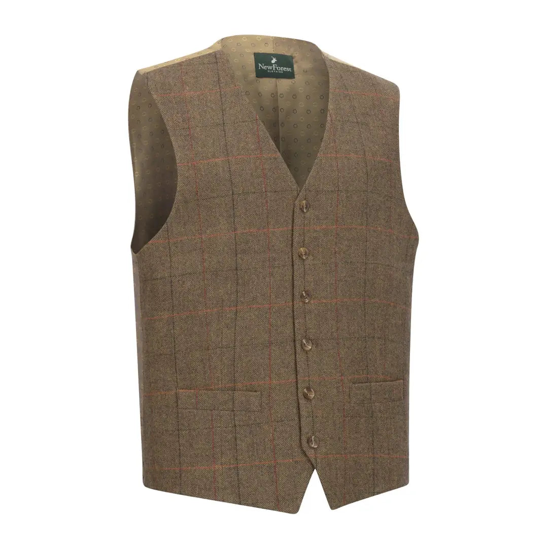 Brown New Forest Premium 100% Wool Tweed Waistcoat with checkered pattern and button closure