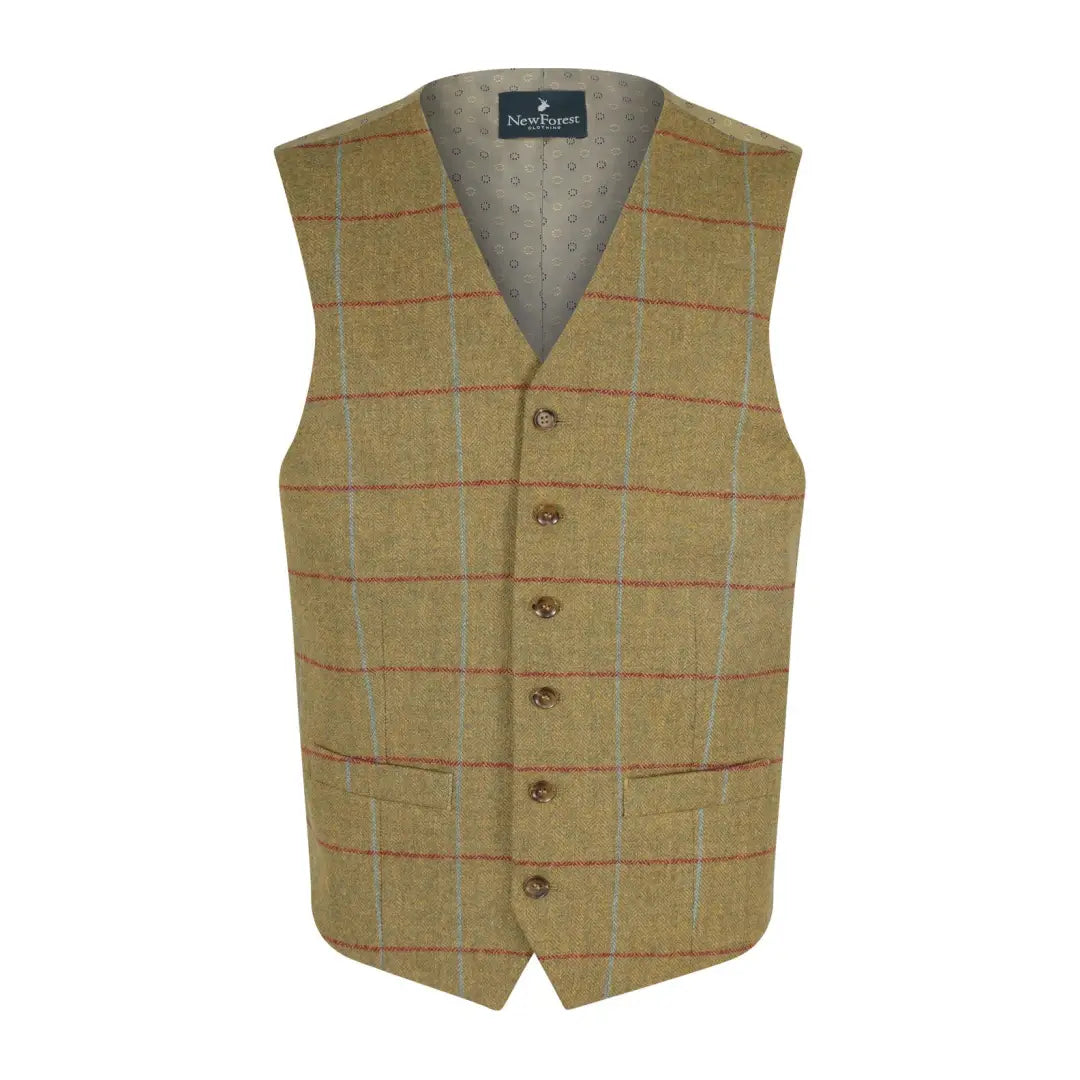 Tan plaid wool tweed waistcoat with six buttons for a stylish, classic look