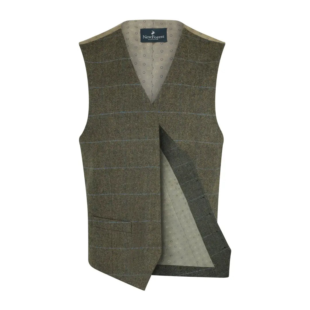 Olive green wool tweed waistcoat with textured pattern and light lining for stylish wear