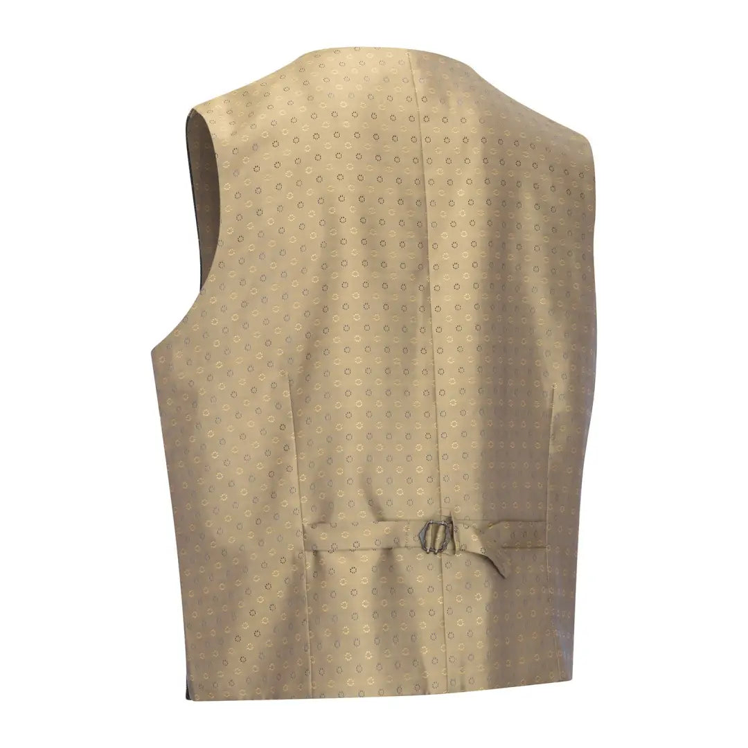 Beige silk waistcoat with a subtle pattern and adjustable back strap in wool tweed