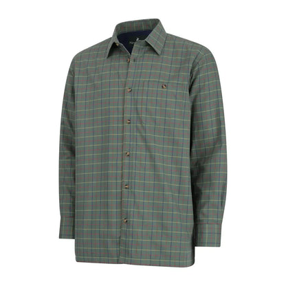 Green plaid button-up fleece lined shirt with collar and chest pocket for cozy style