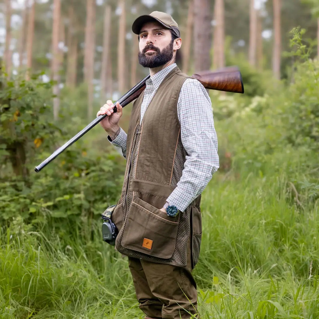 Bearded man in hunting gear showcasing the New Forest Premium Tattersall Shirt