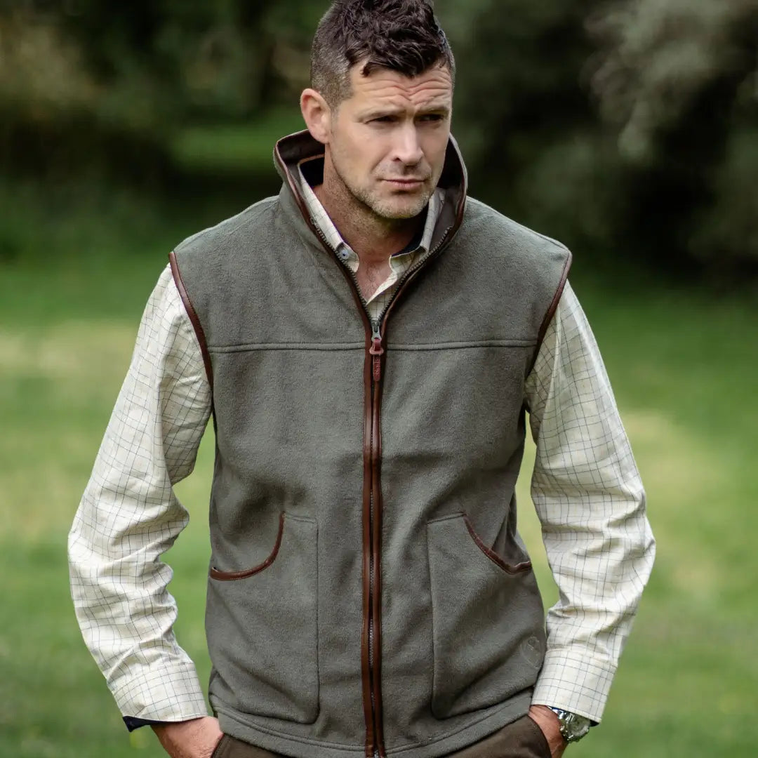 Olive green sleeveless vest with burgundy trim over New Forest Premium quality cotton shirt