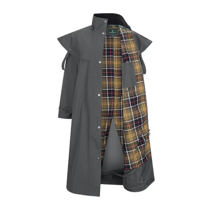 Long gray trench coat with plaid lining for hunting and outdoor country clothing