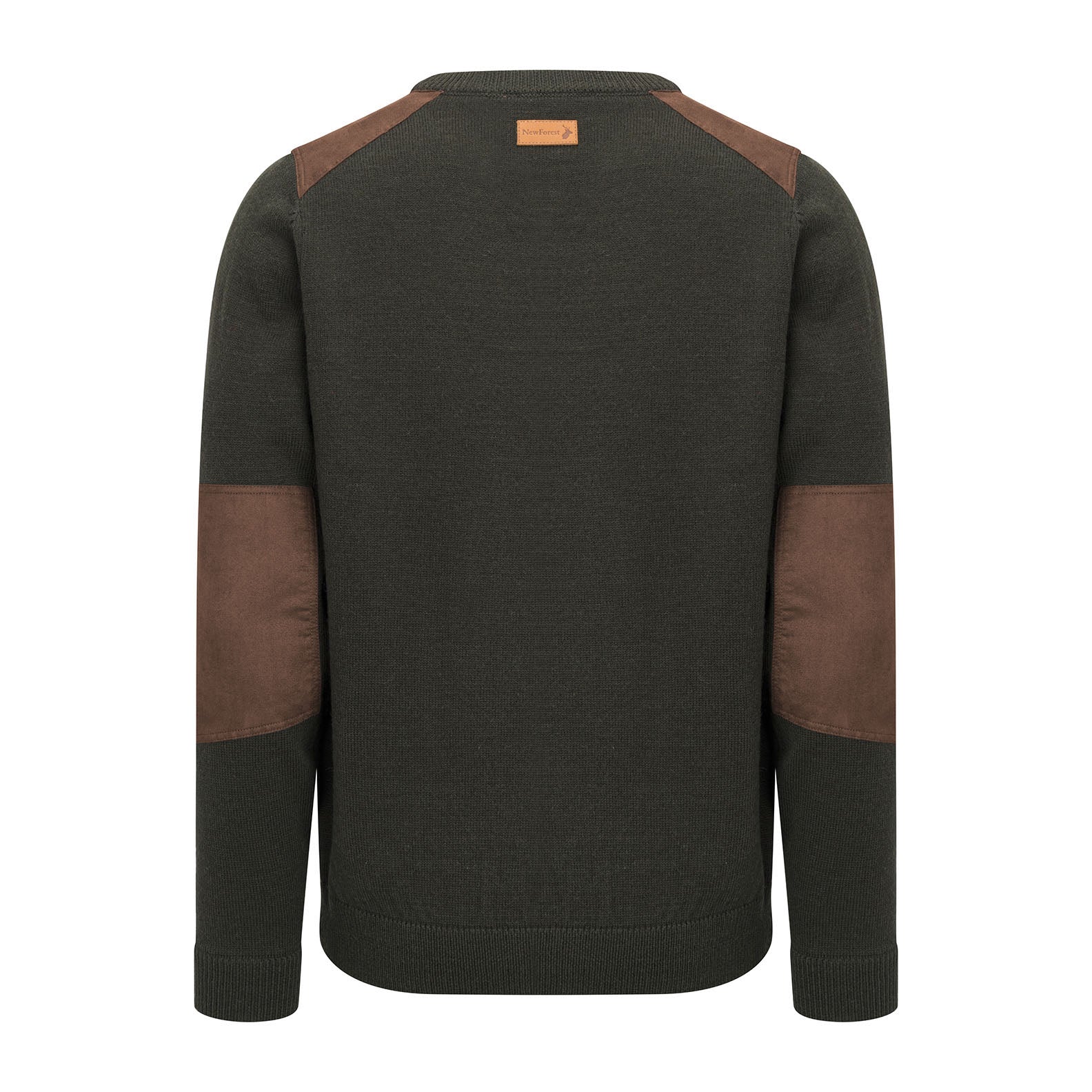 Olive green sweater with brown patches, perfect for your Forest Raven Crew Neck collection