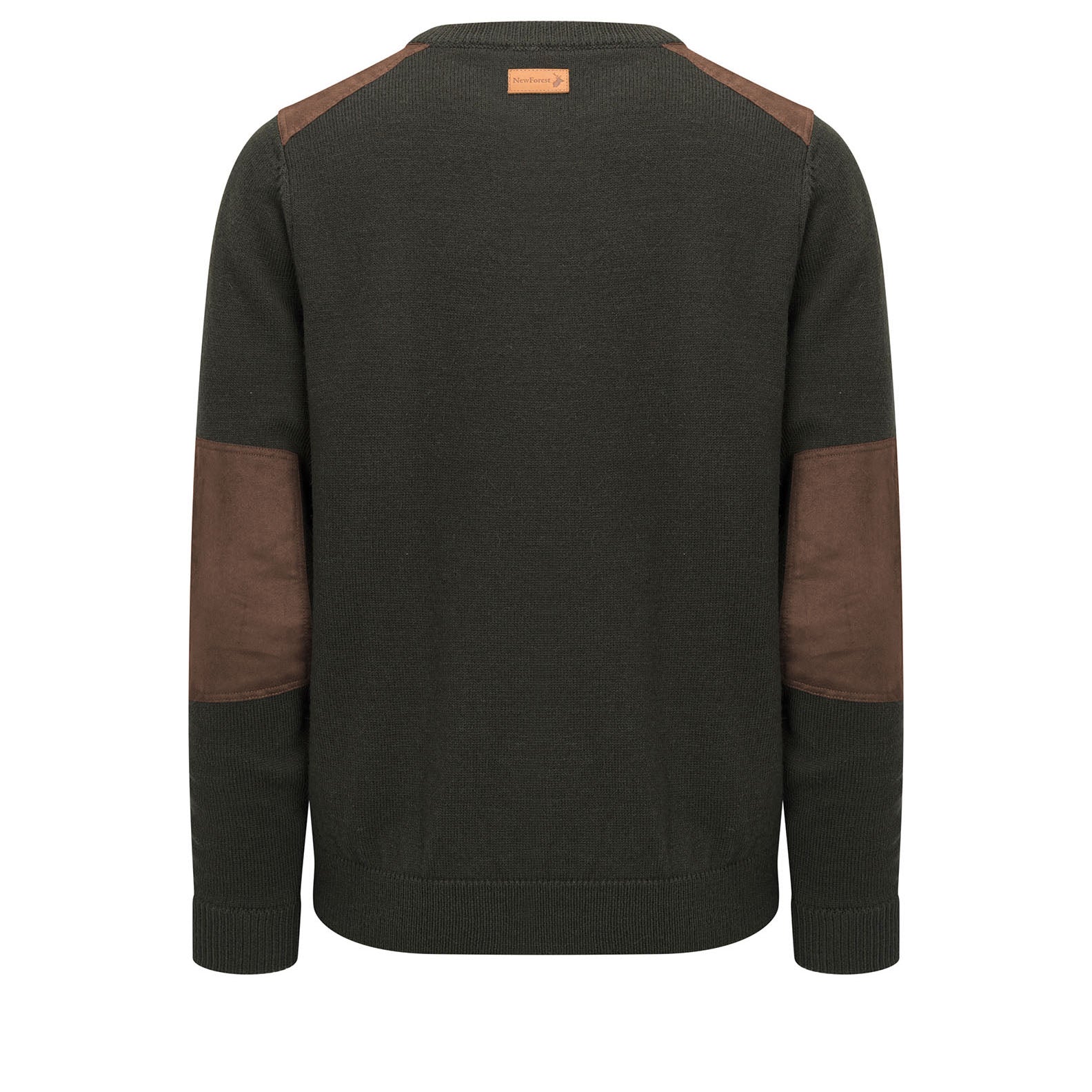 Dark green New Forest Raven V Neck Jumper with brown shoulder and elbow patches