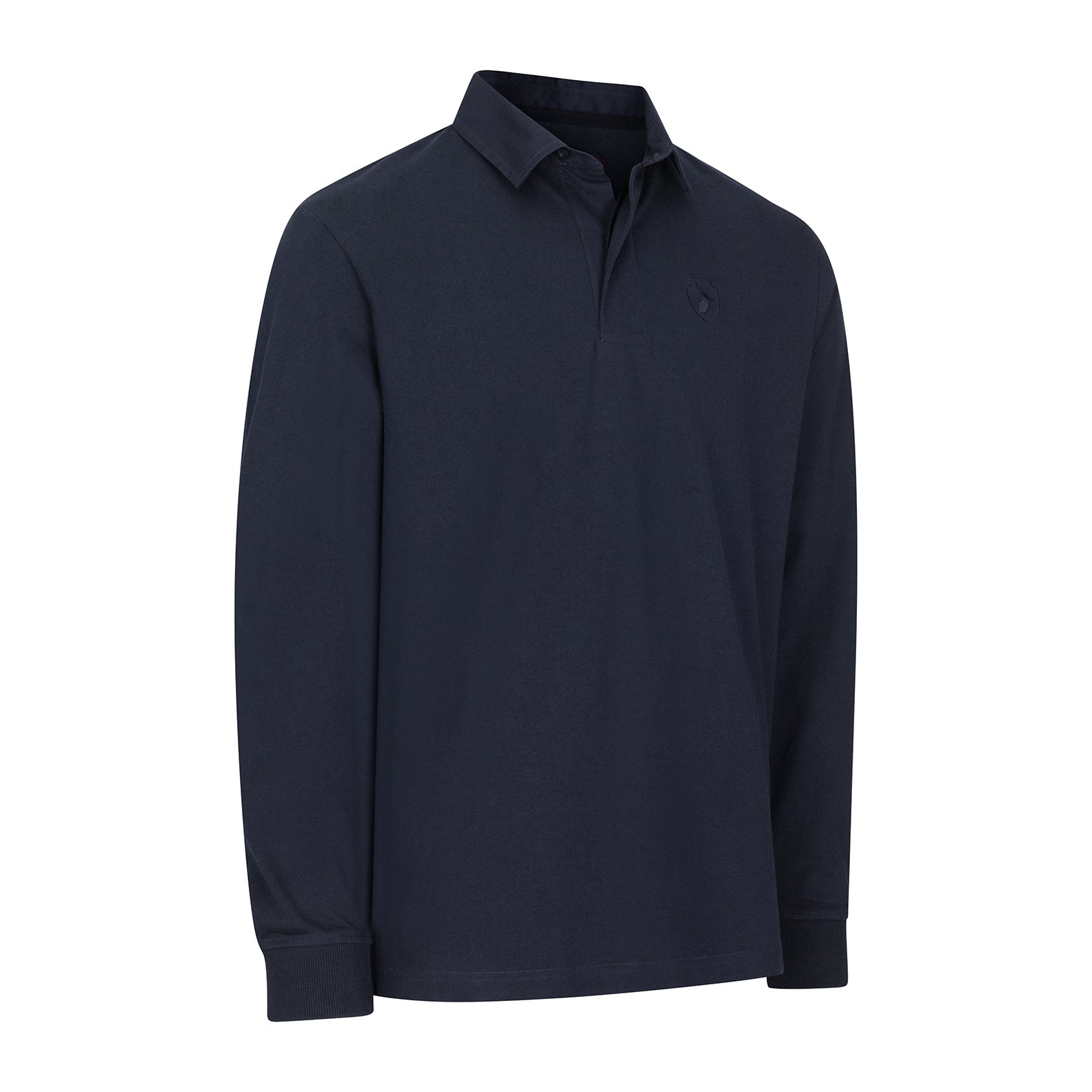 Navy long-sleeved rugby shirt with braided twill collar from New Forest