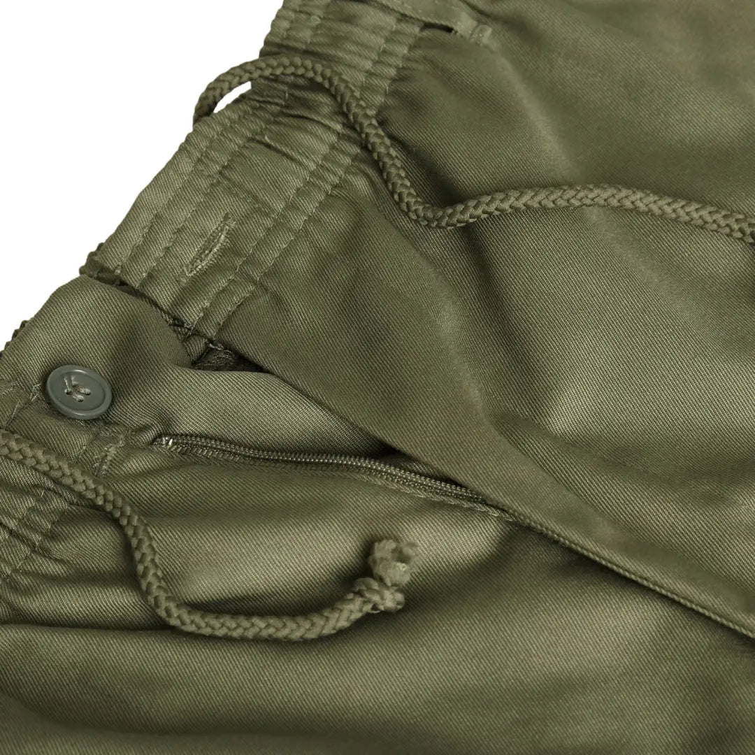 Military-style olive green rugby trousers with drawstring waist and button closure