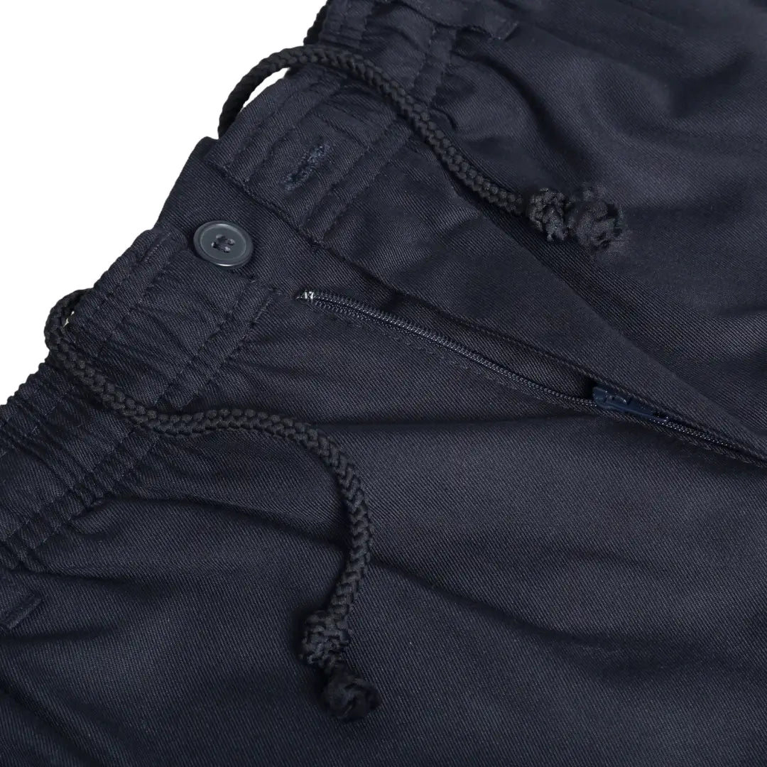 Navy blue New Forest Rugby Trousers with drawstring, button closure, and zipper fly