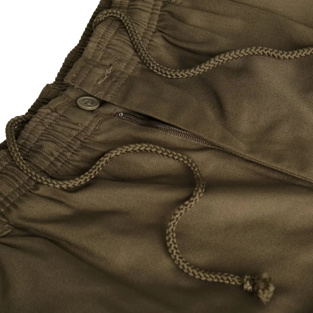 Olive green New Forest Rugby Trousers with drawstring and zipper detail for a cool look