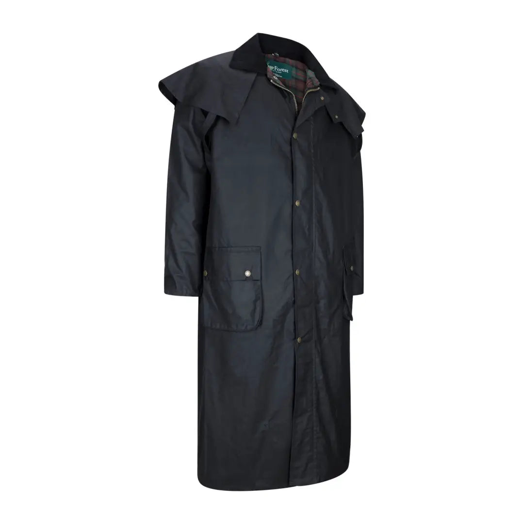 Long black Waxed Cotton Stockman Coat with wide collar and button closures