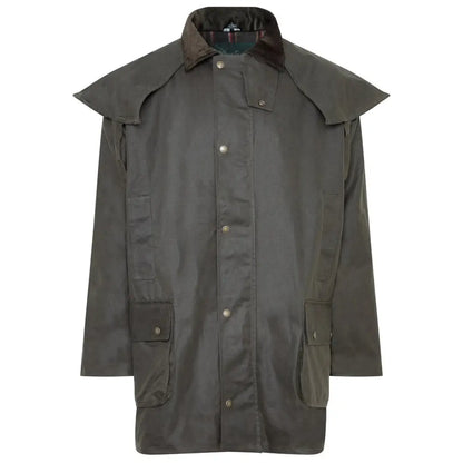 Olive green three quarter length wax coat with detachable cape and pockets